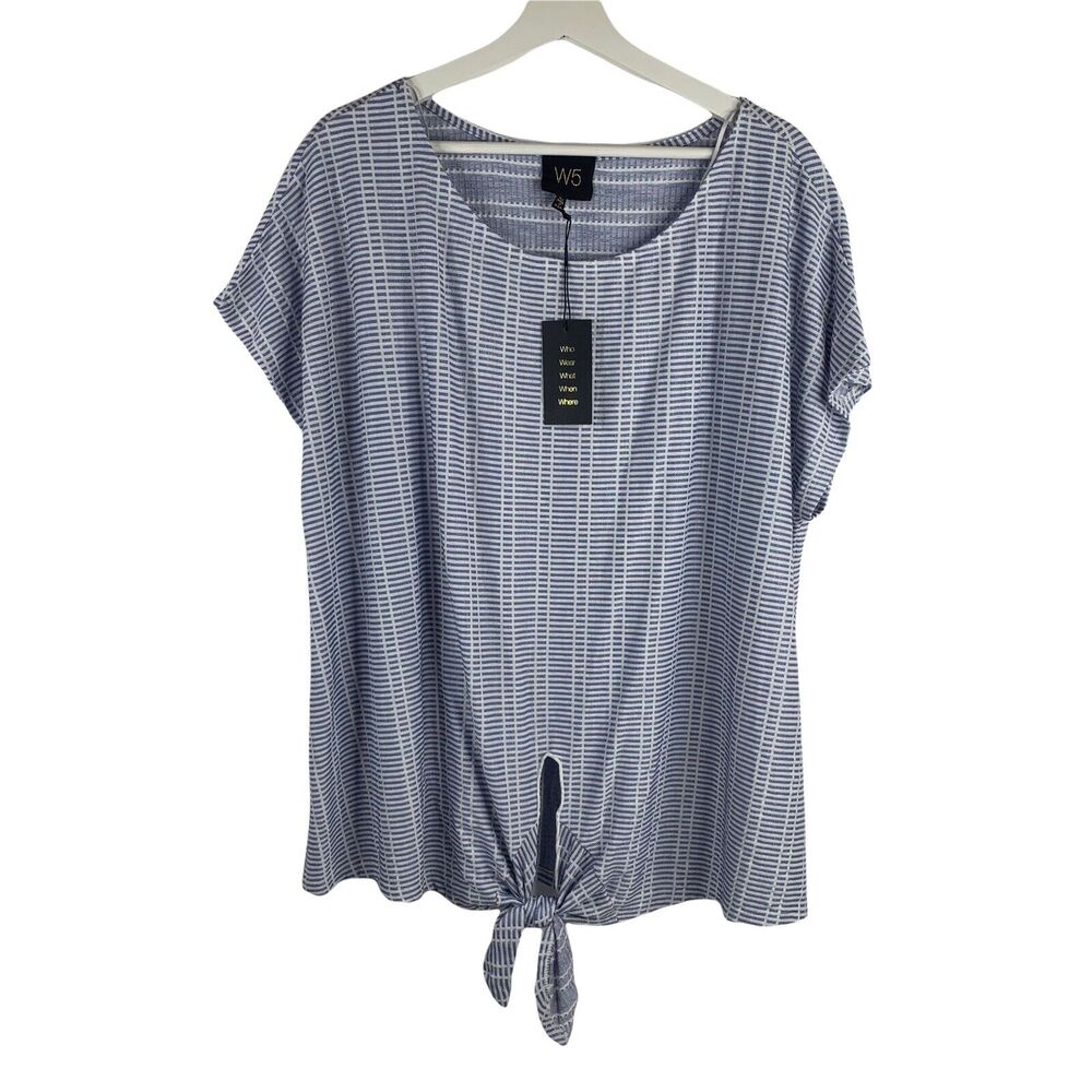 W5 Size 3X Blouse Top Blue White Short Cap Sleeve Scoop Neck Front Tie Women’s